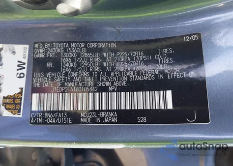 2006 Toyota Highlander V6 from USA, damaged, VIN JTEDP21A160105442